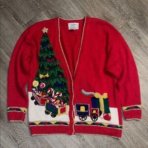 Vintage Casual Corner Red Knit Christmas cardigan chunky hand knit  train tree